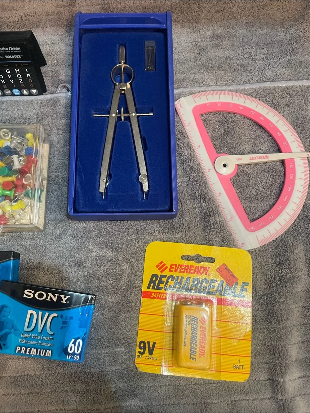 Vintage Office Supplies Labelon Push Pins Radio Shack Calculator Sony DVR Lot